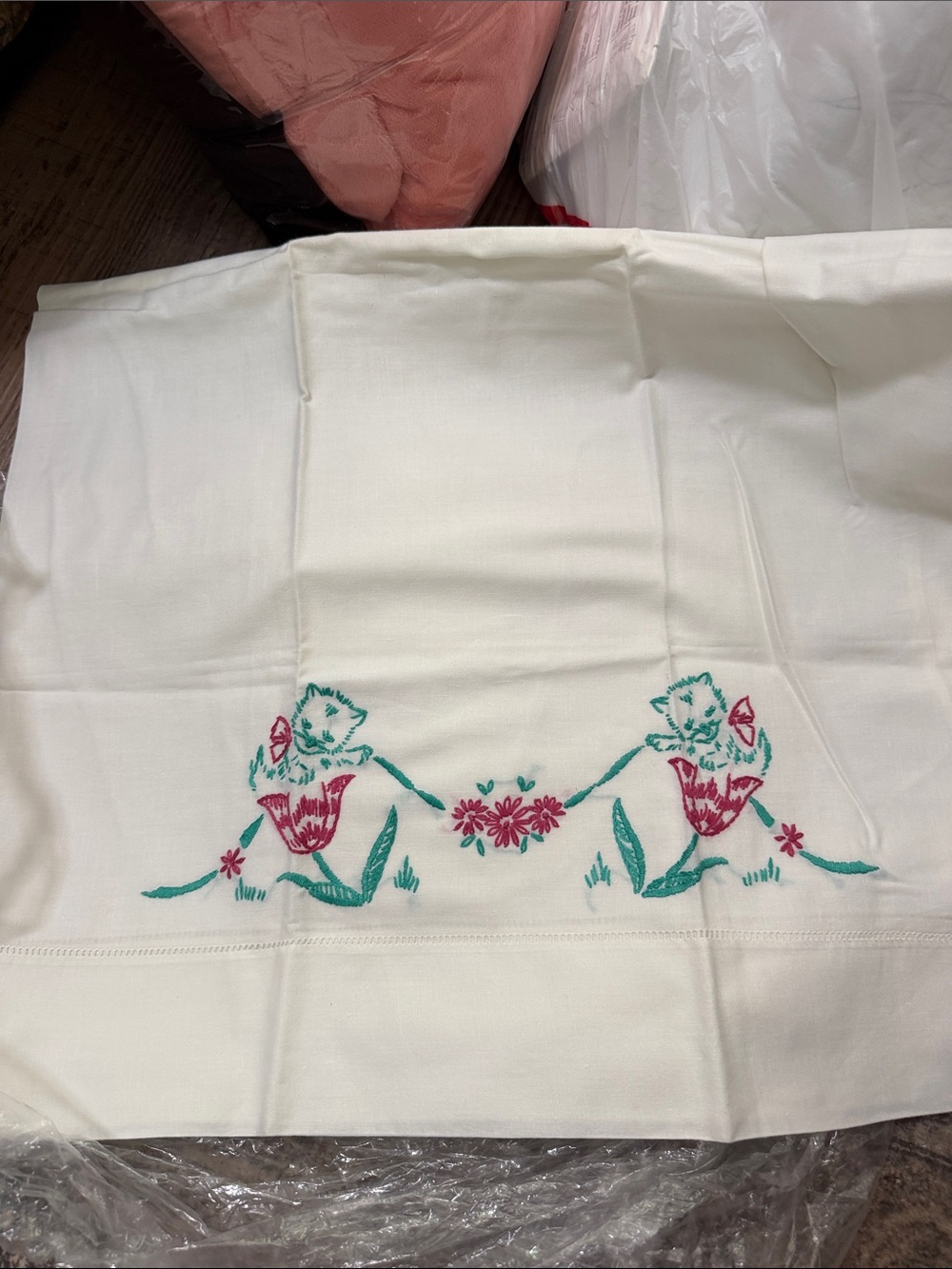 Vintage Embroidered Floral Cat Pillowcase - set of two White with Pink & Teal